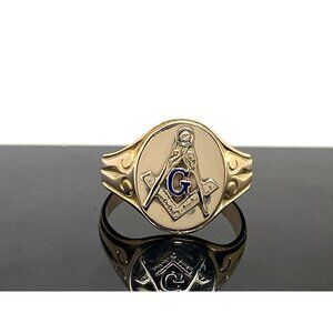 Masonic Ring 10k Yellow Gold Freemasonry Blue G Logo Vintage Men's Size 11